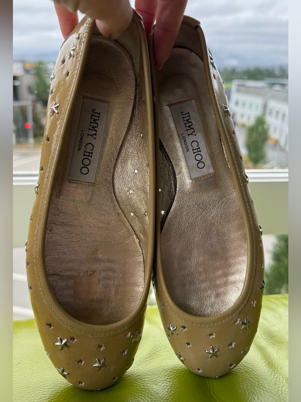 Jimmy Choo Tan Star-Embellished Leather Ballet Flats